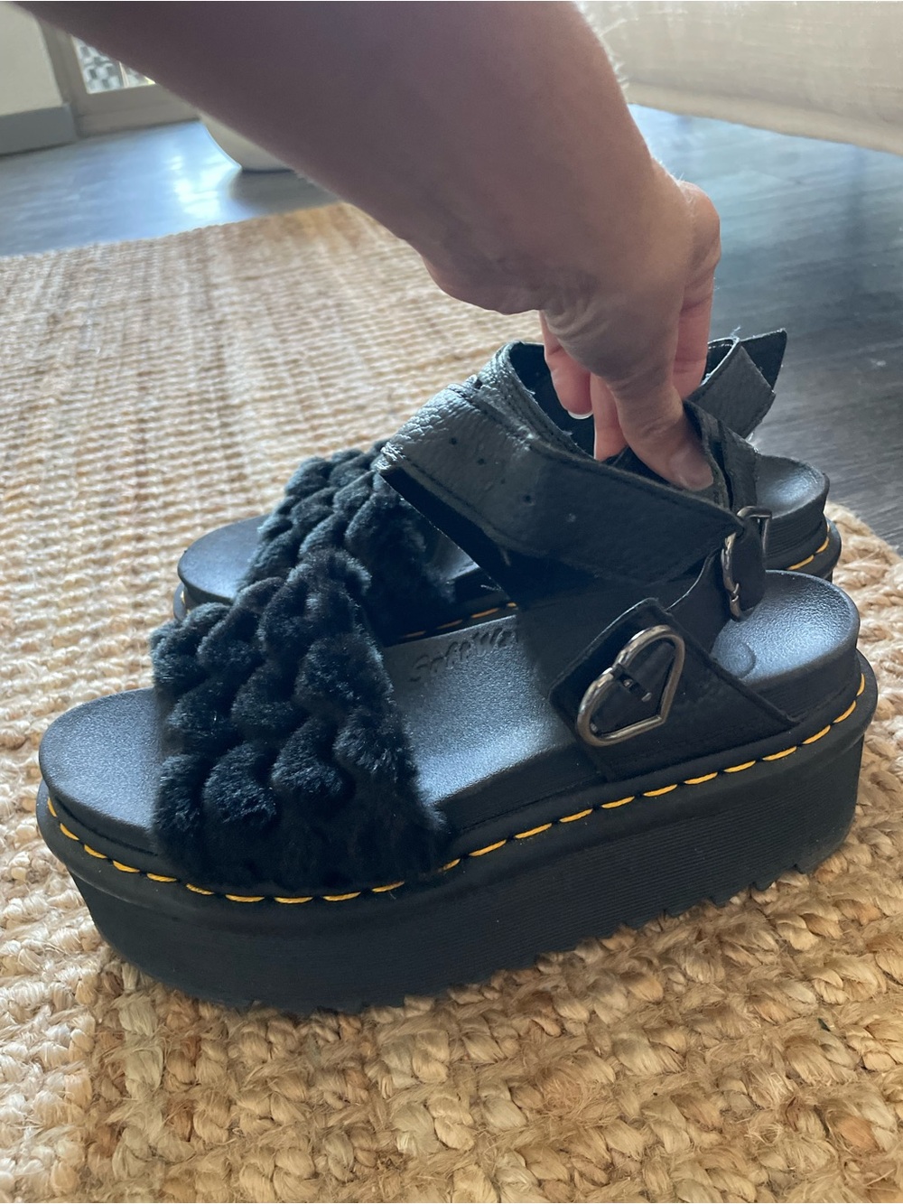 Dr. Martens Black Furry Platform Sandals with Yellow Stitching - Picture 7 of 10